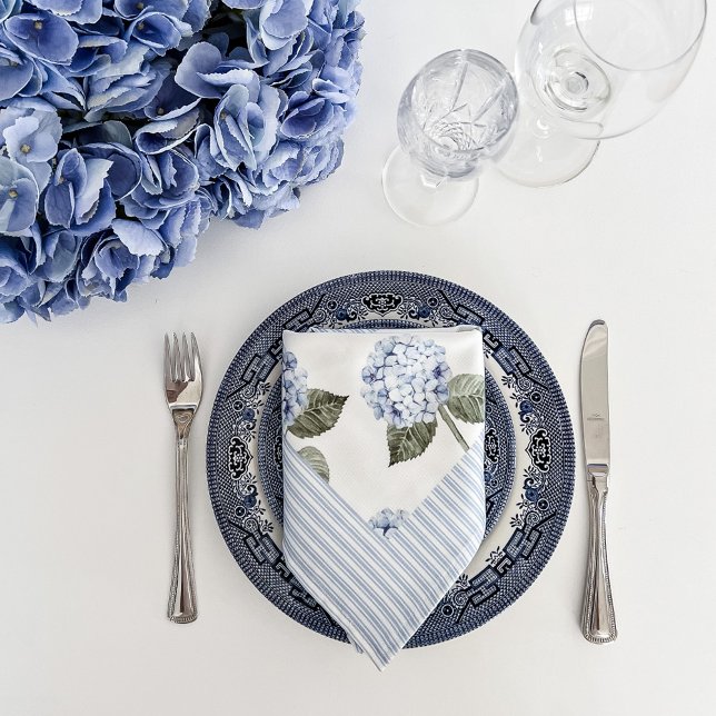 Hydrangea Bloom Blue Watercolor Floral Cloth Napkin (watercolor blue hydrangea napkin with ticking stripe border)