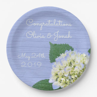 Hydrangea Bloom Blue Wood Grain Wedding Paper Plate
