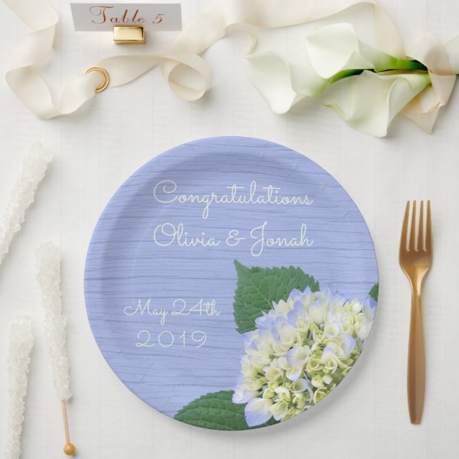 Hydrangea Bloom Blue Wood Grain Wedding Paper Plates (Wedding)