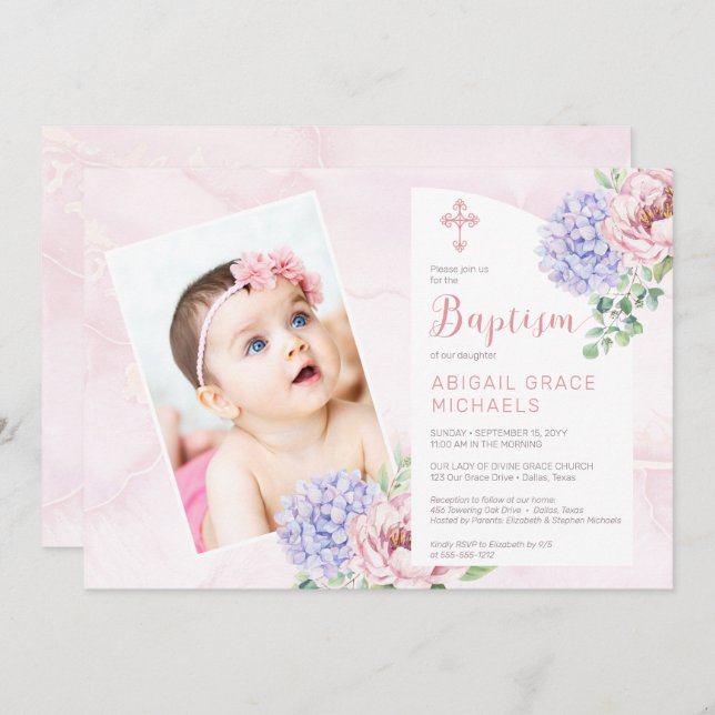Hydrangea Blooms Girl Baby Photo Baptism Invitation (Front/Back)