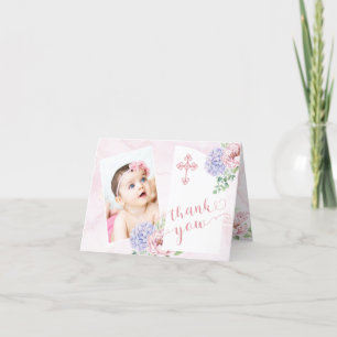 Hydrangea Blooms Girl Baby Photo Baptism Letterpress Thank You Card