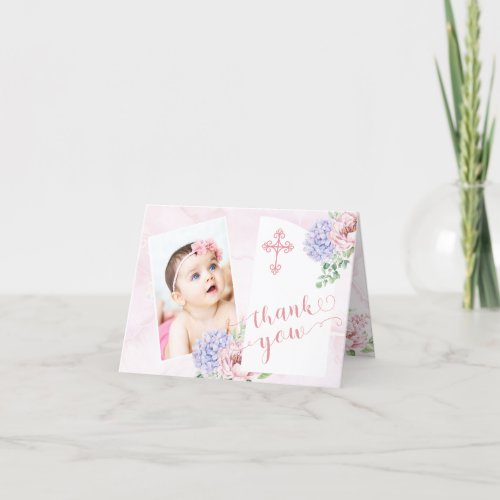 Hydrangea Blooms Girl Baby Photo Baptism Thank You Card