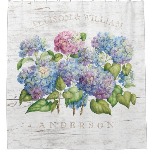 Hydrangea Blooms with Wood Add Names Shower Curtain