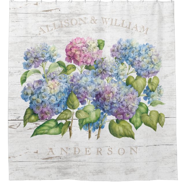 Hydrangea Blooms with Wood Add Names Shower Curtain (Front)