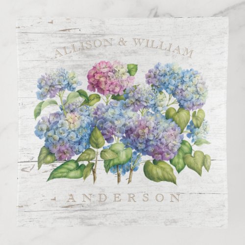 Hydrangea Blooms with Wood Add Names Trinket Tray