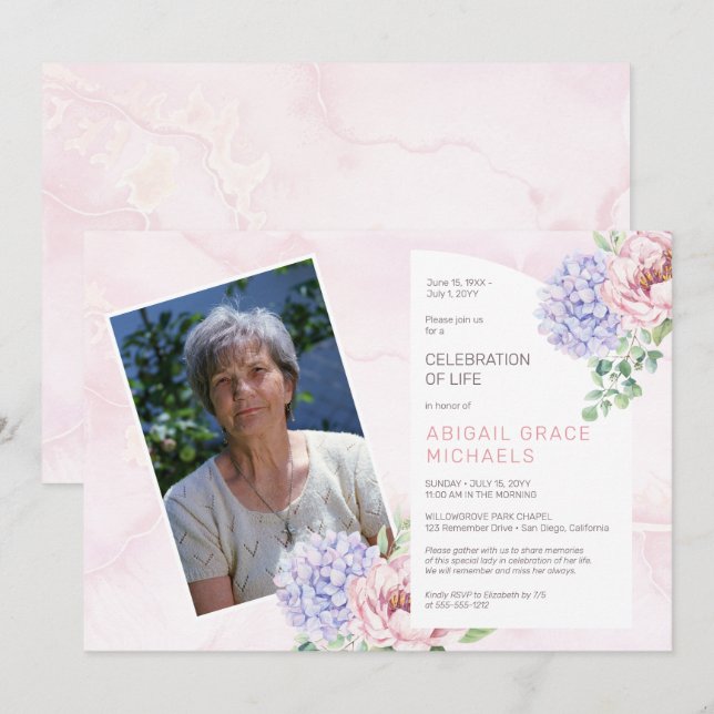 Hydrangea Blooms Woman Pink Celebration of Life Invitation (Front/Back)