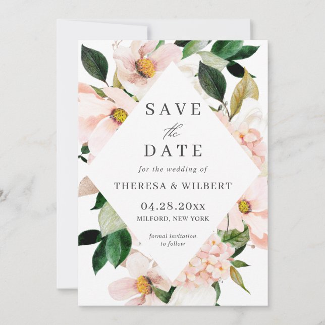 Hydrangea Blossom Blush Pink Floral Wedding Save The Date (Front)