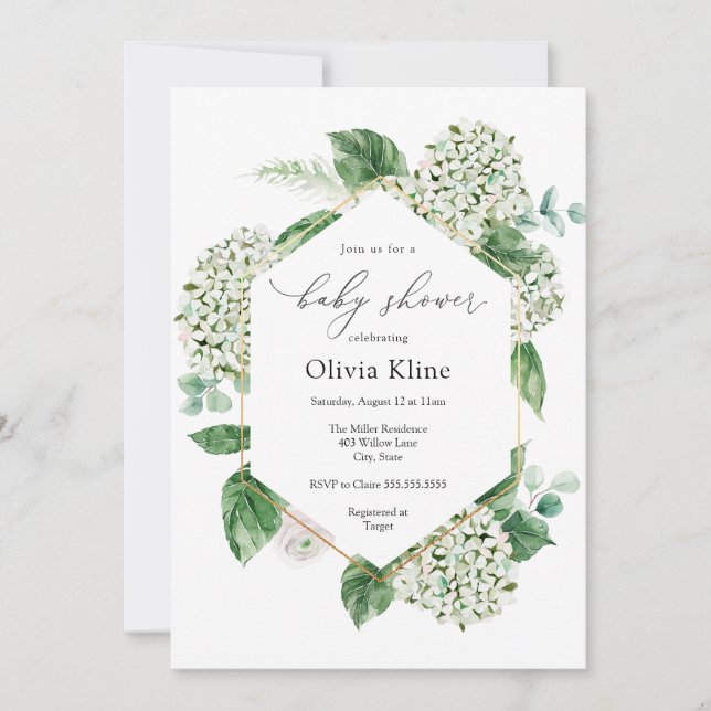 Hydrangea Blossoms and Greenery Baby Shower Invitation (Front)