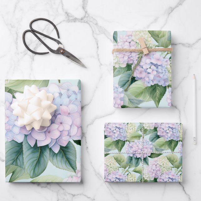 Hydrangea Blossoms Lilac Blue Cream Floral Pattern Wrapping Paper Sheets (Front)