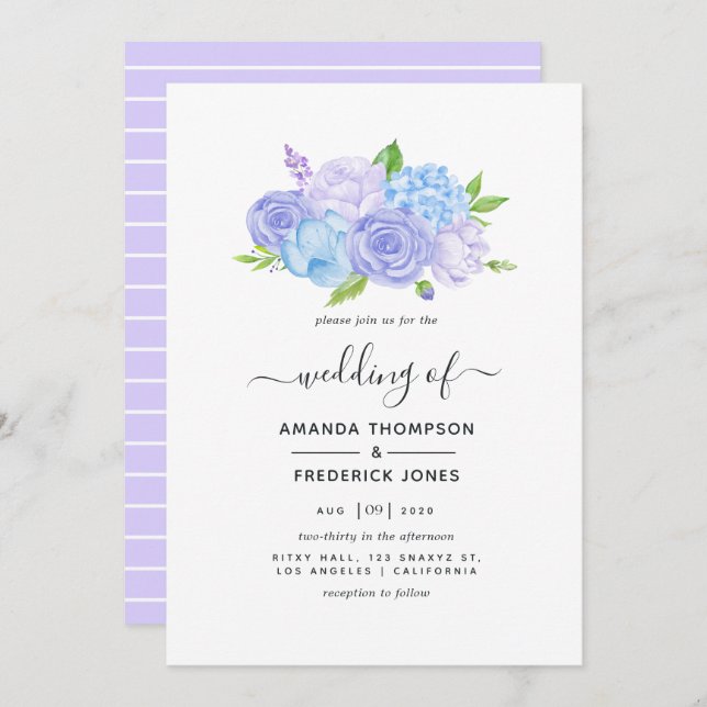 Hydrangea Blue and Light Lavender Wedding Invitation (Front/Back)
