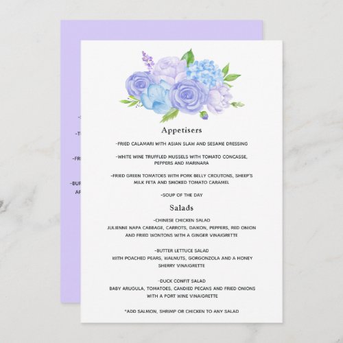 Hydrangea Blue and Light Lavender Wedding Menu