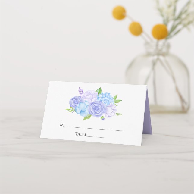 Hydrangea Blue and Light Lavender Wedding Place Card (Front)