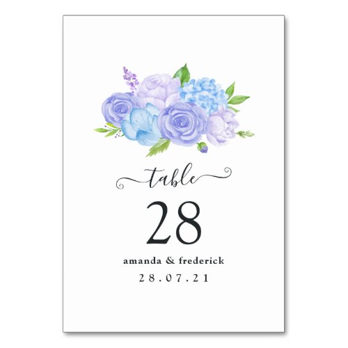 Hydrangea Blue and Light Lavender Wedding Table Number