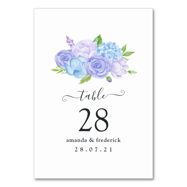 Hydrangea Blue and Light Lavender Wedding Table Number (Front)