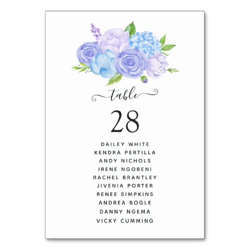 Hydrangea Blue and Light Lavender Wedding Table Number