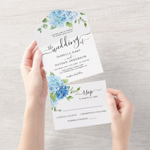 Hydrangea Blue Dusty Light Floral Wedding RSVP All In One Invitation