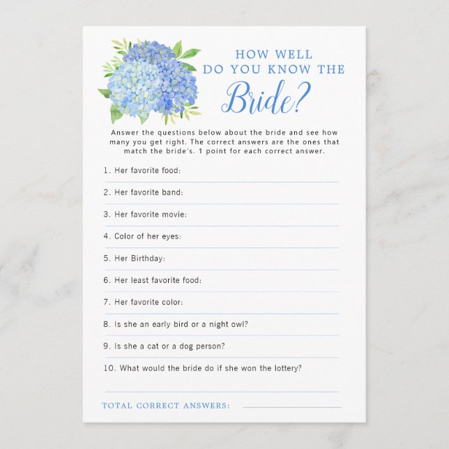Hydrangea Blue Floral Bridal Shower Game Invitation (Front)