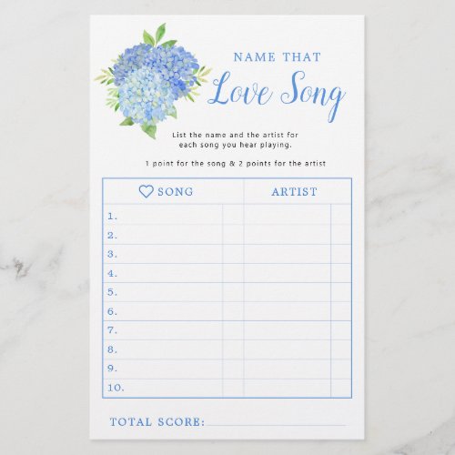 Hydrangea Blue Floral Bridal Shower Love Song Game
