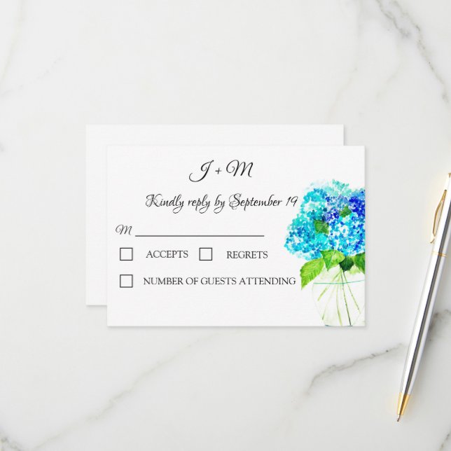 Hydrangea Blue Floral Rustic flowers Modern RSVP Card (Front/Back In Situ)