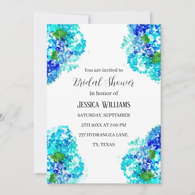 Hydrangea Blue Floral Watercolor Bridal Shower  Invitation (Front)