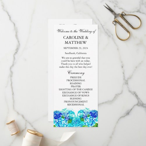 Hydrangea Blue Floral Watercolor Rustic Wedding  Program