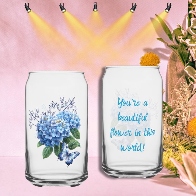 Hydrangea Blue Flower and Butterfly  Can Glass (Front and Back)