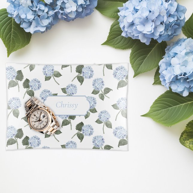 Hydrangea Blue Flower Jewelery  Trinket Tray (blue hydrangea personalized name glass jewellery trinket tray)