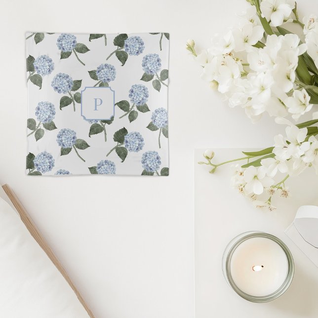 Hydrangea Blue Flower Monogram Jewelry  Trinket Tray (blue hydrangea monogram glass jewellery trinket tray)