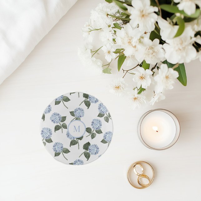 Hydrangea Blue Flower Round Glass Jewelery  Trinket Tray (blue hydrangea monogrammed round glass jewellery trinket tray)