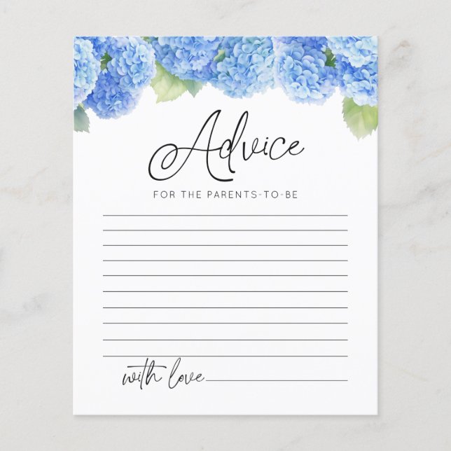 Hydrangea Blue Flowers Advice Parents Baby Shower (Front)