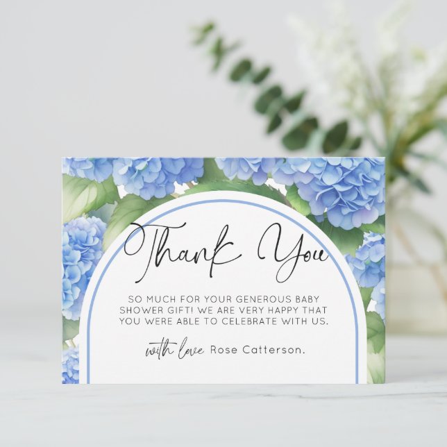 Hydrangea Blue Flowers Baby Shower Thank You Card (Standing Front)