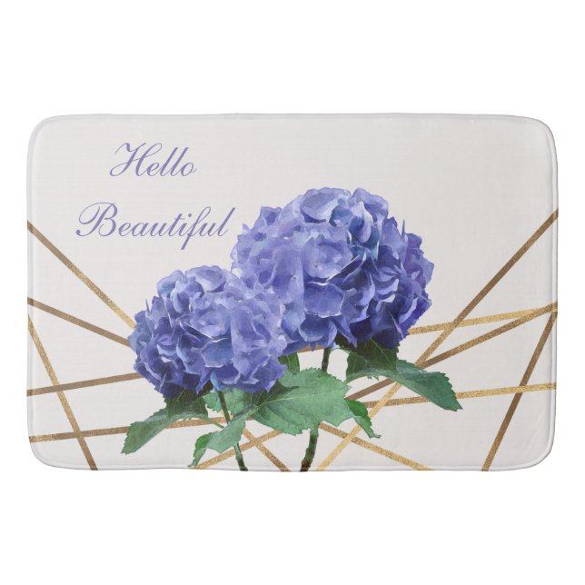 Hydrangea Blue Flowers & Gold Floral Chic Spring Bathroom Mat (Front)