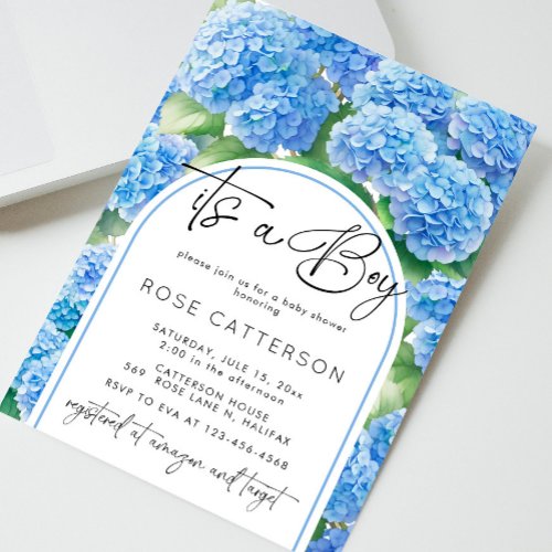 Hydrangea Blue Flowers Its a Boy Baby Shower Invitation