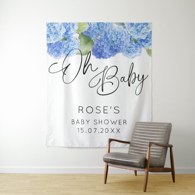 Hydrangea Blue Flowers Oh Baby Shower Tapestry (In Situ)