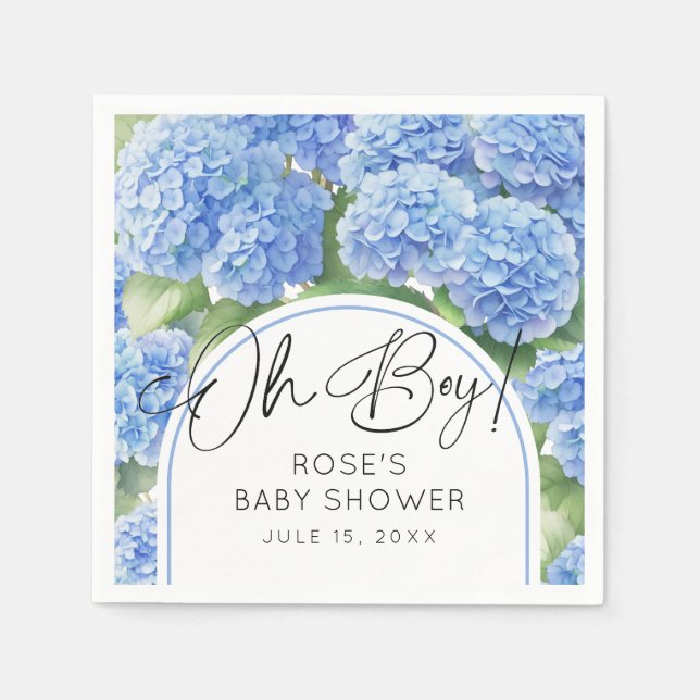 Hydrangea Blue Flowers Oh Boy Baby Shower Napkins (Front)