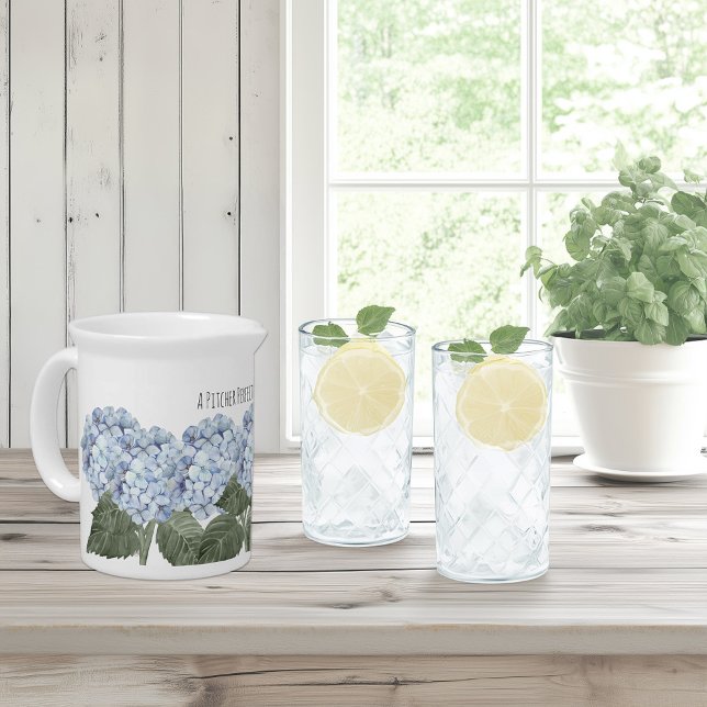 Hydrangea Blue Flowers Summer Porcelain  Beverage Pitcher (blue hydrangea flower porcelain water pitcher with custom text)