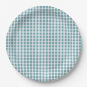 Hydrangea Blue Gingham Check Plaid Pattern Paper Plates