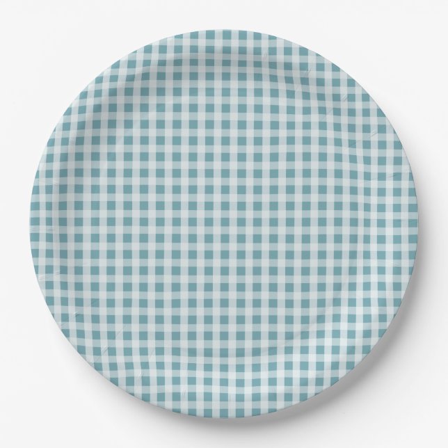 Hydrangea Blue Gingham Check Plaid Pattern Paper Plates (Front)