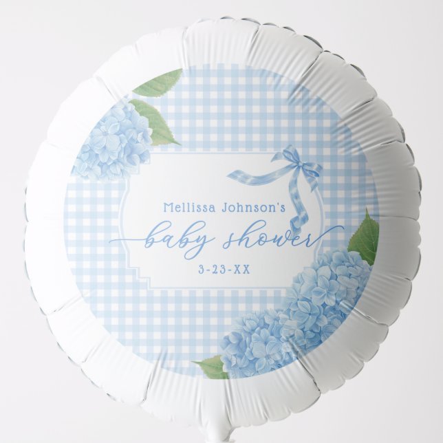 Hydrangea Blue Gingham Plaid Baby Shower Balloon (Front)
