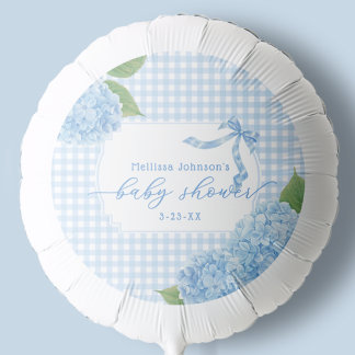 Hydrangea Blue Gingham Plaid Baby Shower Balloon