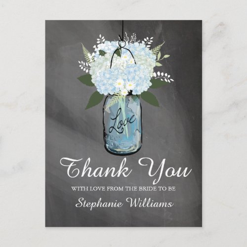 Hydrangea Blue Mason Jar Chalkboard Bride to Be Postcard