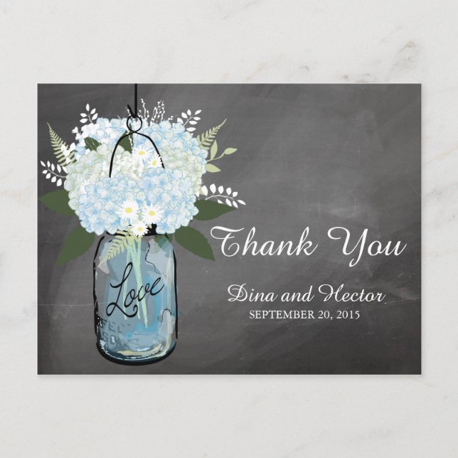 Hydrangea Blue Mason Jar Chalkboard | Thank You Postcard (Front)