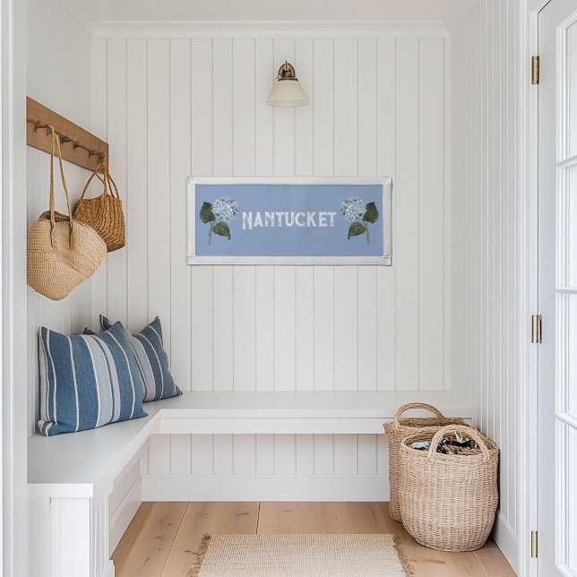 Hydrangea Blue Place Name Felt Wall Pennant (Hydrangea Custom Location Name rectangle felt banner wall decor)