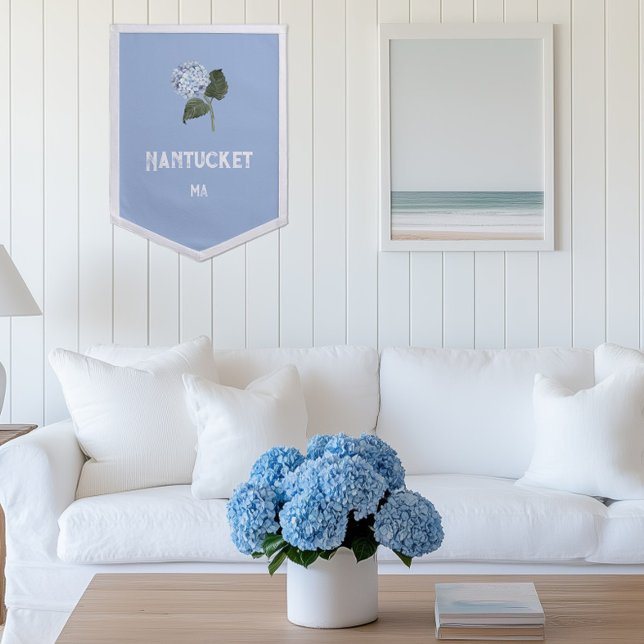 Hydrangea Blue Place or Name Wall Felt Pennant (Custom name blue hydrangea felt wall banner)