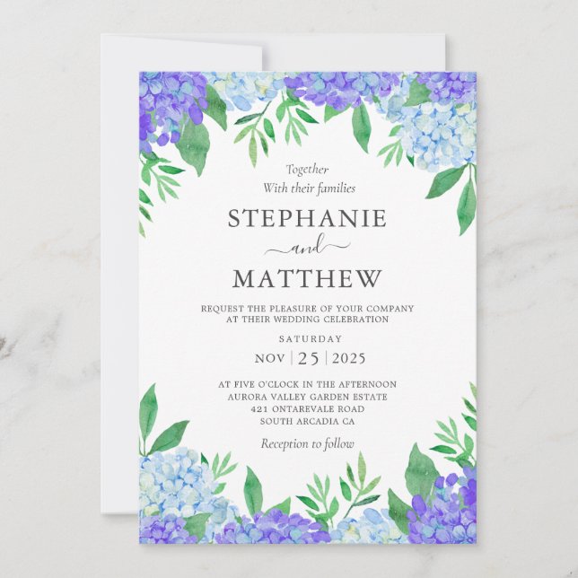 Hydrangea Blue Purple Watercolor Botanical Wedding Invitation (Front)
