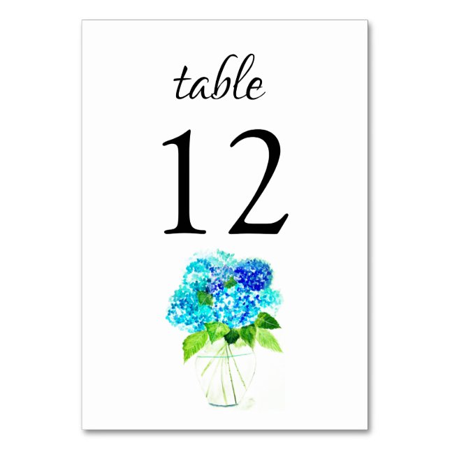 Hydrangea Blue Watercolor Floral Wedding Table Number (Front)