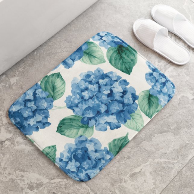 Hydrangea Blues Floral Watercolor Botanical Blooms Bath Mat (Creator Uploaded)