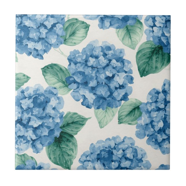 Hydrangea Blues Floral Watercolor Botanical Blooms Ceramic Tile (Front)
