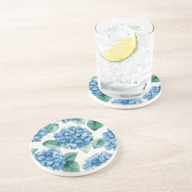 Hydrangea Blues Floral Watercolor Botanical Blooms Coaster (Side)
