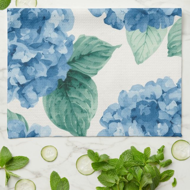 Hydrangea Blues Floral Watercolor Botanical Blooms Kitchen Towel (Folded)